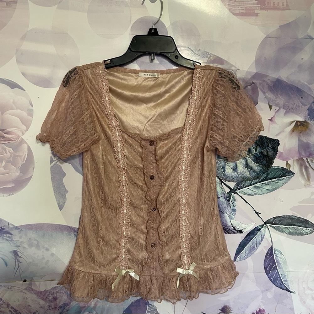 Lace Button-Up Blouse in Pink